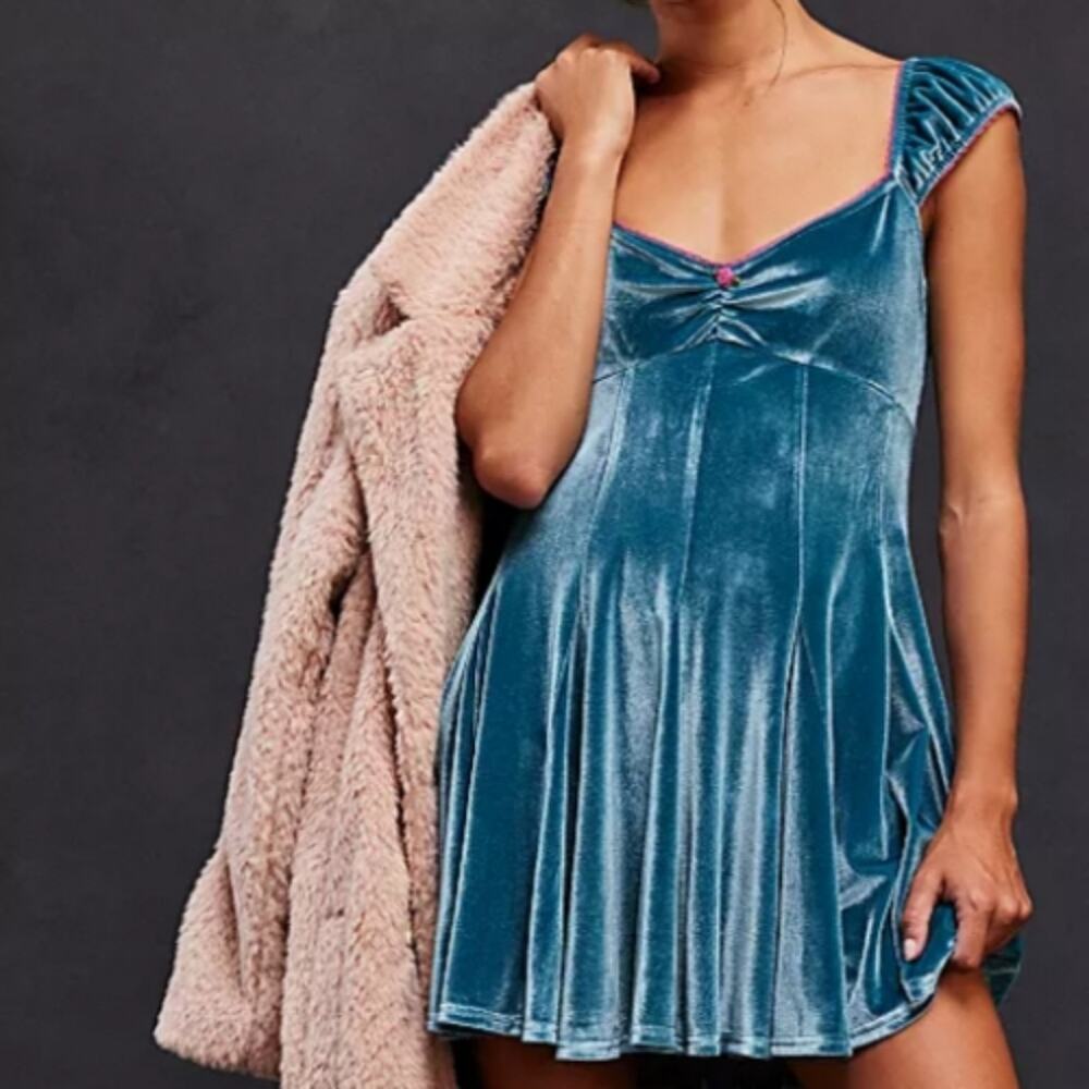 Free People Rose Marie Velvet Mini Dress Blue XS Fit & Flare Romantic Party - Picture 7 of 14